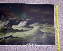 Peinture de paysage marin antique avec navire dans les mers agitées