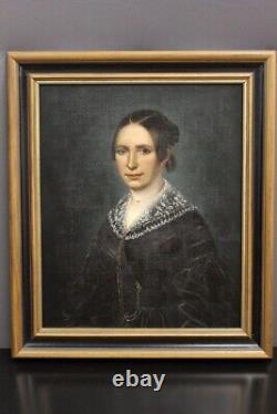 Peinture de portrait élégante d'une grande dame sur toile à l'huile ancienne encadrée du 19e siècle