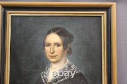 Peinture de portrait élégante d'une grande dame sur toile à l'huile ancienne encadrée du 19e siècle
