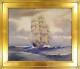 Peinture Originale à L'huile D'un Navire à Voiles Antique De Type Clipper, Représentant Un Paysage Maritime.