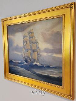 Peinture originale à l'huile d'un navire à voiles antique de type clipper, représentant un paysage maritime.