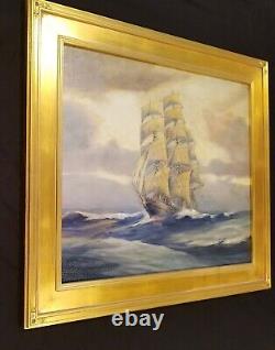 Peinture originale à l'huile d'un navire à voiles antique de type clipper, représentant un paysage maritime.