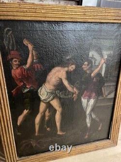 Peinture religieuse antique rare et de grande taille à l'huile sur toile : Flagellation du Christ au 18ème siècle