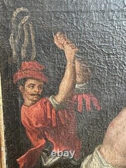 Peinture religieuse antique rare et de grande taille à l'huile sur toile : Flagellation du Christ au 18ème siècle