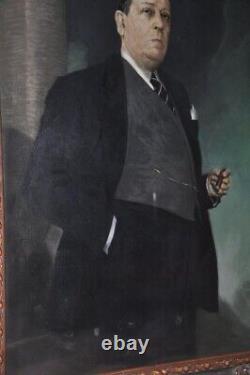 Portrait Antique Homme Huile Sur Toile Costume Colonne Portant La Cigarette Encadrée Date Rare