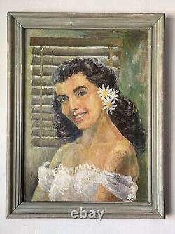 Portrait Antique Peinture À L'huile Jeune Belle Femme Impressionniste Vintage 1951