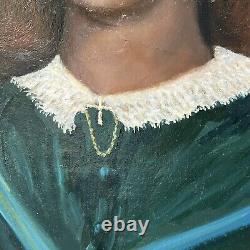 Portrait à l'huile ancien de la 39e peinture - Femme du 19e siècle sur toile avec croix religieuse.