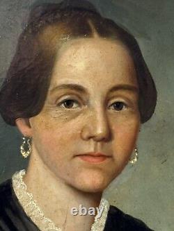 Portrait antique de dame avec col en dentelle Peinture à l'huile sur toile du 19ème siècle