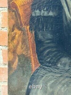 Portrait antique de dame avec col en dentelle Peinture à l'huile sur toile du 19ème siècle