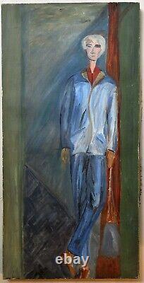 Portrait d'homme masculin des années 1950, grande peinture à l'huile ancienne originale, art expressif