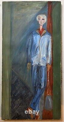 Portrait d'homme masculin des années 1950, grande peinture à l'huile ancienne originale, art expressif