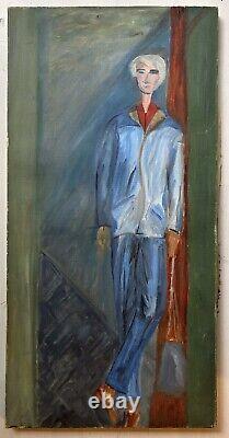 Portrait d'homme masculin des années 1950, grande peinture à l'huile ancienne originale, art expressif