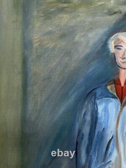 Portrait d'homme masculin des années 1950, grande peinture à l'huile ancienne originale, art expressif