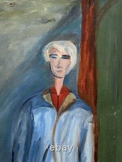 Portrait d'homme masculin des années 1950, grande peinture à l'huile ancienne originale, art expressif