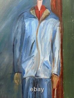 Portrait d'homme masculin des années 1950, grande peinture à l'huile ancienne originale, art expressif