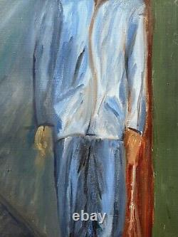 Portrait d'homme masculin des années 1950, grande peinture à l'huile ancienne originale, art expressif