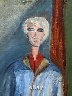 Portrait d'homme masculin des années 1950, grande peinture à l'huile ancienne originale, art expressif