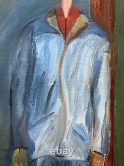 Portrait d'homme masculin des années 1950, grande peinture à l'huile ancienne originale, art expressif