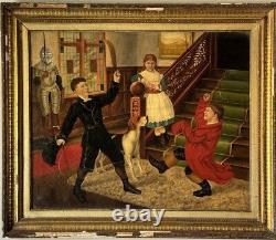 REMARCABLE PEINTURE À L'HUILE D'ART POPULAIRE EUROPÉEN ANTIQUE DU XIXE SIÈCLE - RÉALISME ANCIEN 1800s