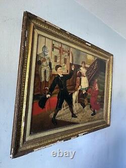 REMARCABLE PEINTURE À L'HUILE D'ART POPULAIRE EUROPÉEN ANTIQUE DU XIXE SIÈCLE - RÉALISME ANCIEN 1800s