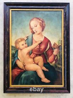 Raphaël Madonna di Colonna Peinture à l'huile ancienne vintage de grande taille 27x39 Cadre en bois