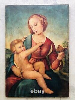 Raphaël Madonna di Colonna Peinture à l'huile ancienne vintage de grande taille 27x39 Cadre en bois