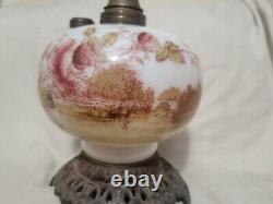 Rare Grande lampe à huile chinoise ancienne en laiton / verre du début du XIXe siècle avec design floral