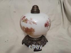 Rare Grande lampe à huile chinoise ancienne en laiton / verre du début du XIXe siècle avec design floral