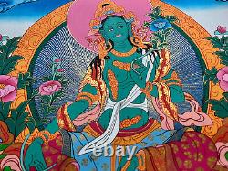 Rare Peint À La Main D'origine Tibétain Vert Tara Bouddha Quengka Peinture Méditation