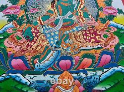 Rare Peint À La Main D'origine Tibétain Vert Tara Bouddha Quengka Peinture Méditation