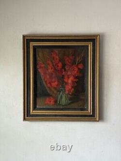 Serge Polewy Peinture à l'huile impressionniste de nature morte ancienne avec des roses rouges de 1948