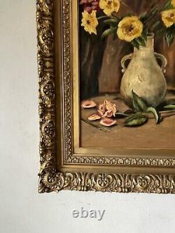 Superbe Antique Still Life Impressionniste Peinture À L'huile Vieilles Fleurs Roses 1946