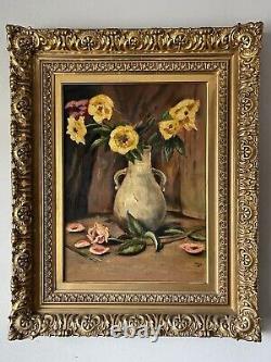Superbe Antique Still Life Impressionniste Peinture À L'huile Vieilles Fleurs Roses 1946