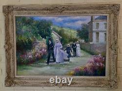 Superbe Grande Huile D'origine Vintage Sur Toile Le Mariage Par Jean Daumier