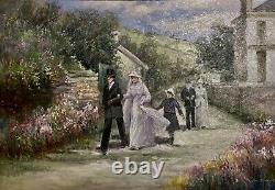 Superbe Grande Huile D'origine Vintage Sur Toile Le Mariage Par Jean Daumier