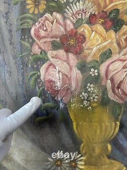 Superbe peinture à l'huile impressionniste française ancienne et vintage de nature morte aux roses