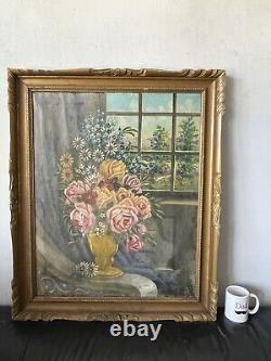 Superbe peinture à l'huile impressionniste française ancienne et vintage de nature morte aux roses