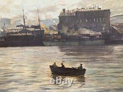 Tableau à l'huile antique de paysage marin du port industriel de Leopold Beran du milieu du siècle, style tonaliste.