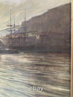 Tableau à l'huile antique de paysage marin du port industriel de Leopold Beran du milieu du siècle, style tonaliste.
