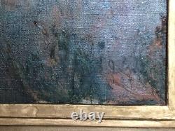 Tableau ancien à l'huile sur toile Paysage Port Lafarge Hiver Cadre en bois Art Rare Vieux 20e siècle