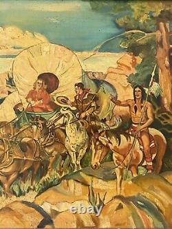 Tableau ancien américain de l'Oregon Trail Cowboy du Far West de la WPA avec des Indiens