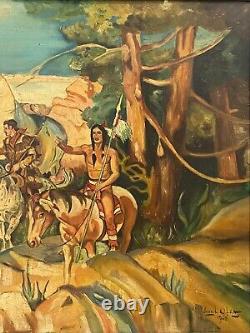 Tableau ancien américain de l'Oregon Trail Cowboy du Far West de la WPA avec des Indiens
