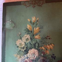 Tableau original à l'huile antique VICTORIEN vintage de fleurs de roses florales sur planche.