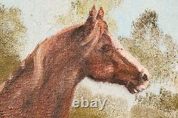 Toile de peinture à l'huile encadrée ancienne vintage équestre de cheval magnifique pour une décoration de style campagnard