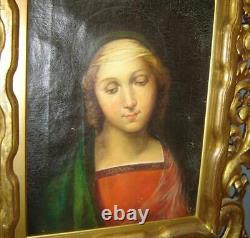 Traduisez ce titre en français : Superbe peinture à l'huile religieuse du portrait de la Dame Madonna del Granduca de Raphaël, antique.