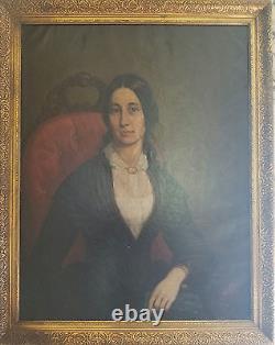 Très belle grande peinture de portrait à l'huile d'une dame ancienne du 19ème siècle vers 1840
