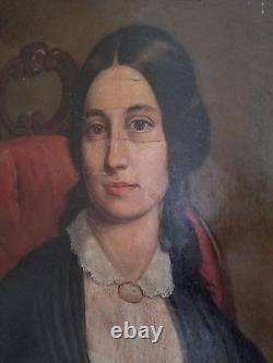 Très belle grande peinture de portrait à l'huile d'une dame ancienne du 19ème siècle vers 1840
