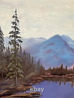 Vieille peinture à l'huile d'antiquité, montagnes, arbres, forêt du Nord-Ouest Pacifique, signée Harder.