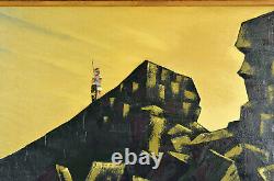 Vintage Mid-century Modern Cubist Mountains Avec Peinture À L'huile Légionnaire